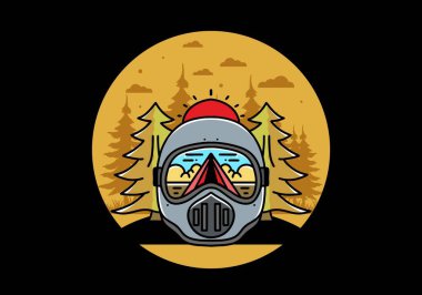 Illustration of a trail helmet with a pine tree beside and big sun