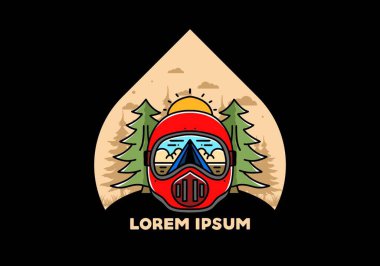 Illustration of a trail helmet with a pine tree beside and big sun