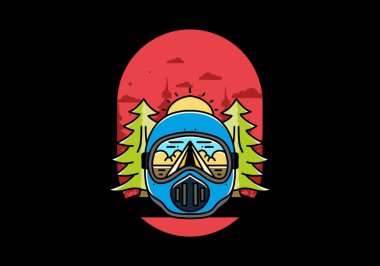 Illustration of a trail helmet with a pine tree beside and big sun