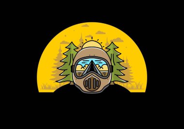 Illustration of a trail helmet with a pine tree beside and big sun