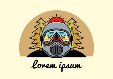 Illustration of a trail helmet with a pine tree beside and big sun