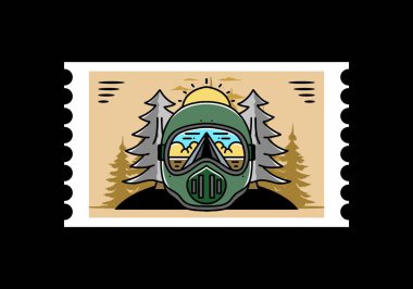 Illustration of a trail helmet with a pine tree beside and big sun