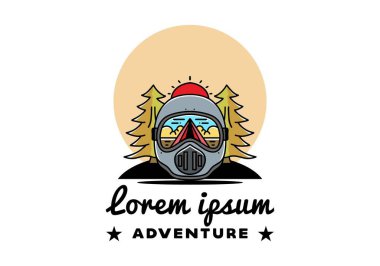 Illustration of a trail helmet with a pine tree beside and big sun