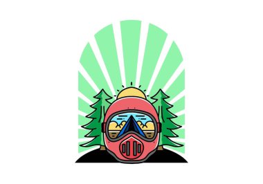 Illustration of a trail helmet with a pine tree beside and big sun