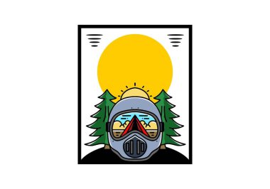 Illustration of a trail helmet with a pine tree beside and big sun