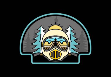 Illustration of a trail helmet with a pine tree beside and big sun