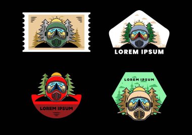 Illustration of a trail helmet with a pine tree beside and big sun