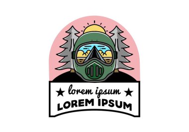 Illustration of a trail helmet with a pine tree beside and big sun