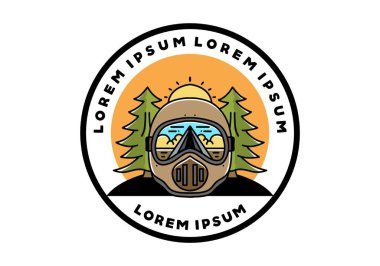 Illustration of a trail helmet with a pine tree beside and big sun