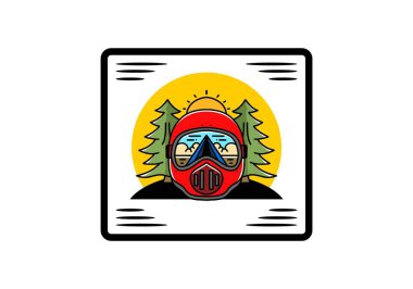 Illustration of a trail helmet with a pine tree beside and big sun