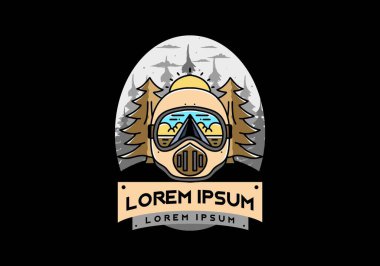 Illustration of a trail helmet with a pine tree beside and big sun