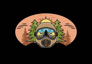 Illustration of a trail helmet with a pine tree beside and big sun