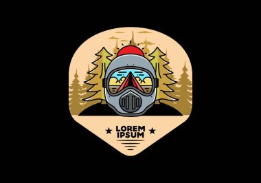 Illustration of a trail helmet with a pine tree beside and big sun