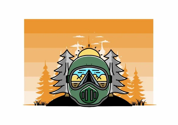 Illustration Trail Helmet Pine Tree Big Sun — Stockvector