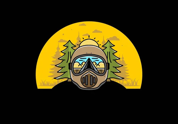 Illustration Trail Helmet Pine Tree Big Sun — Stockvector