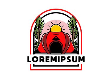 Big pop up tent for camping with two tree and big sun illustration badge design