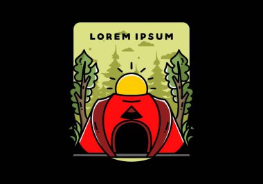Big pop up tent for camping with two tree and big sun illustration badge design