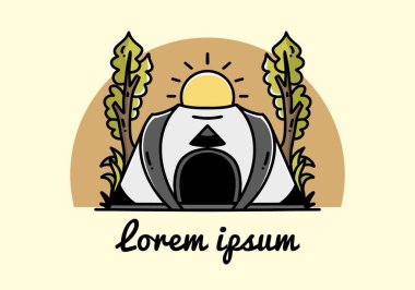 Big pop up tent for camping with two tree and big sun illustration badge design