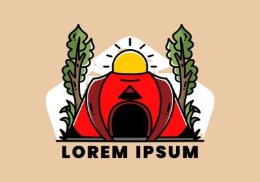 Big pop up tent for camping with two tree and big sun illustration badge design