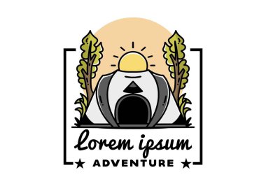 Big pop up tent for camping with two tree and big sun illustration badge design