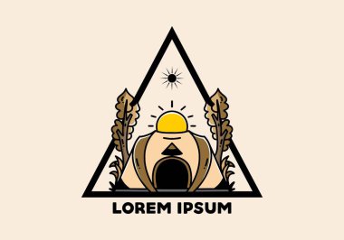 Big pop up tent for camping with two tree and big sun illustration badge design