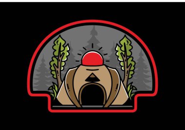 Big pop up tent for camping with two tree and big sun illustration badge design