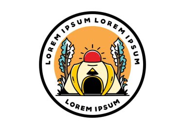 Big pop up tent for camping with two tree and big sun illustration badge design