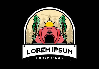 Big pop up tent for camping with two tree and big sun illustration badge design