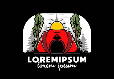 Big pop up tent for camping with two tree and big sun illustration badge design