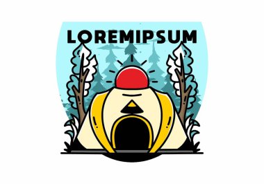 Big pop up tent for camping with two tree and big sun illustration badge design