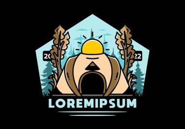 Big pop up tent for camping with two tree and big sun illustration badge design