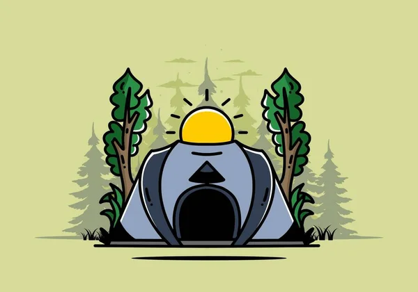 Big Pop Tent Camping Two Tree Big Sun Illustration Badge — Archivo Imágenes Vectoriales