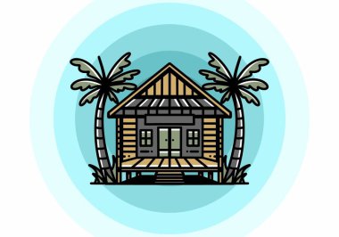 illustration badge design of a Wood house on the beach