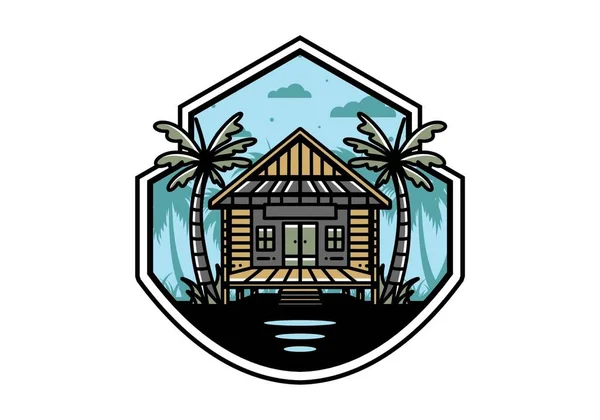 Illustration Badge Design Wood House Beach — Stok Vektör