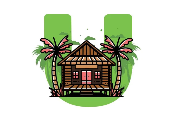 Illustration Badge Design Wood House Beach — Image vectorielle