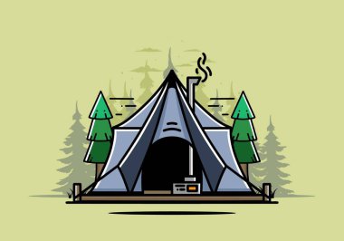 Large glamping tent with heater and chimney between two pine trees illustration design