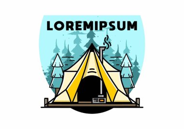 Large glamping tent with heater and chimney between two pine trees illustration design