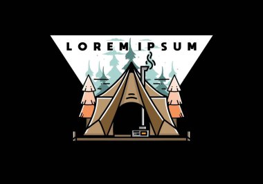 Large glamping tent with heater and chimney between two pine trees illustration design