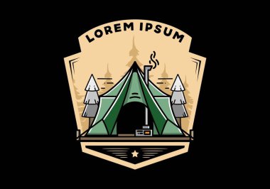 Large glamping tent with heater and chimney between two pine trees illustration design