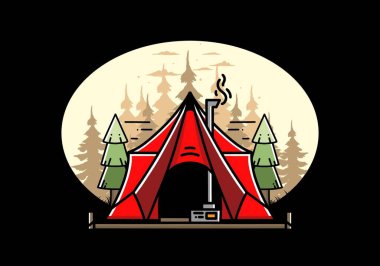 Large glamping tent with heater and chimney between two pine trees illustration design