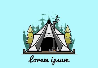Large glamping tent with heater and chimney between two pine trees illustration design