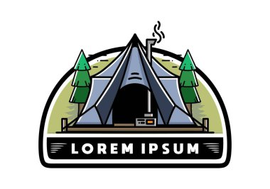 Large glamping tent with heater and chimney between two pine trees illustration design