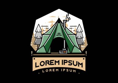 Large glamping tent with heater and chimney between two pine trees illustration design