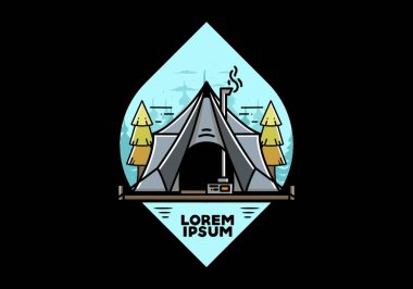 Large glamping tent with heater and chimney between two pine trees illustration design