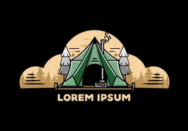 Large glamping tent with heater and chimney between two pine trees illustration design