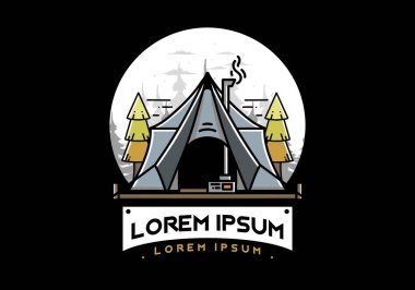 Large glamping tent with heater and chimney between two pine trees illustration design