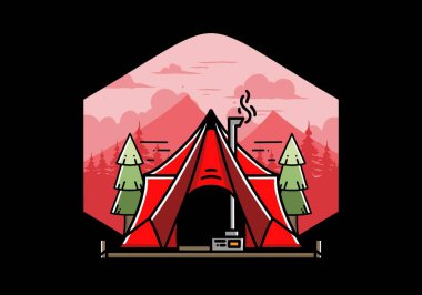 Large glamping tent with heater and chimney between two pine trees illustration design