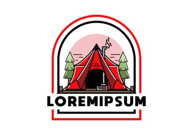 Large glamping tent with heater and chimney between two pine trees illustration design