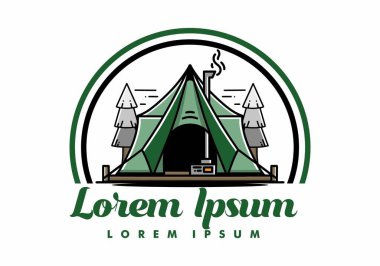 Large glamping tent with heater and chimney between two pine trees illustration design