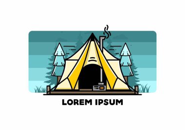 Large glamping tent with heater and chimney between two pine trees illustration design